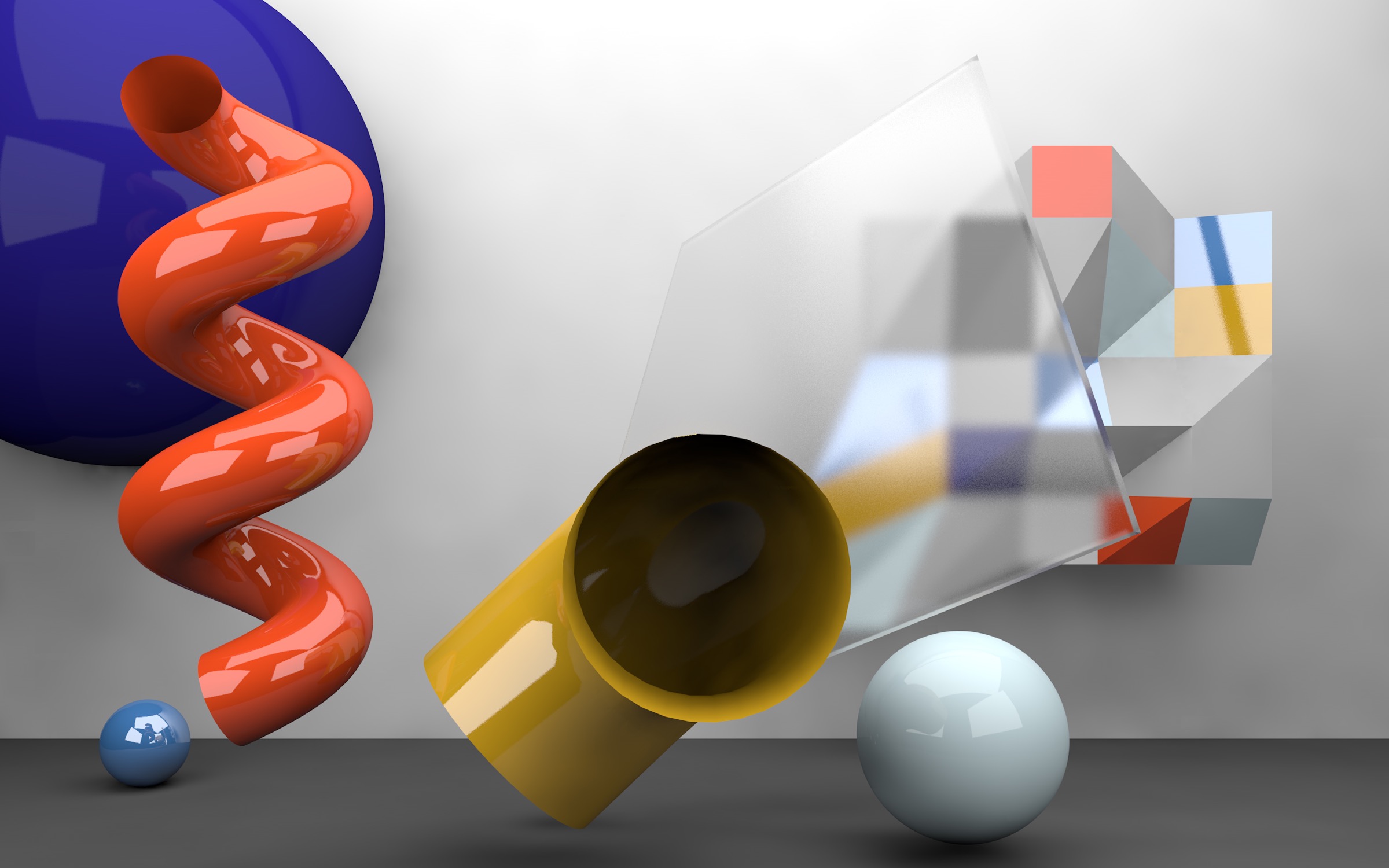 Glossy abstract geometric forms arranged in a bright architectural space.