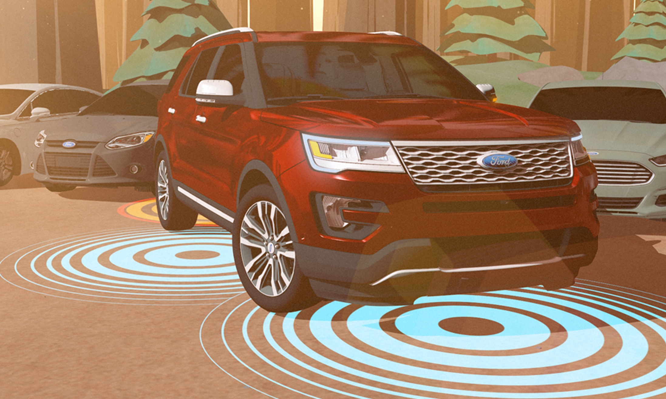 Red Ford Explorer surrounded by illustrated vehicles and concentric blue circles
