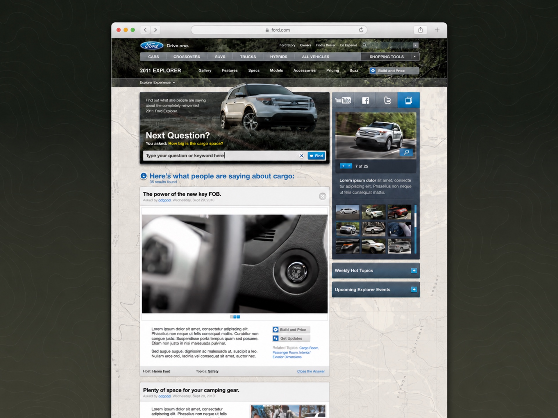 Explorer Live website combining real-time owner questions, product answers, video, photography, and social channels