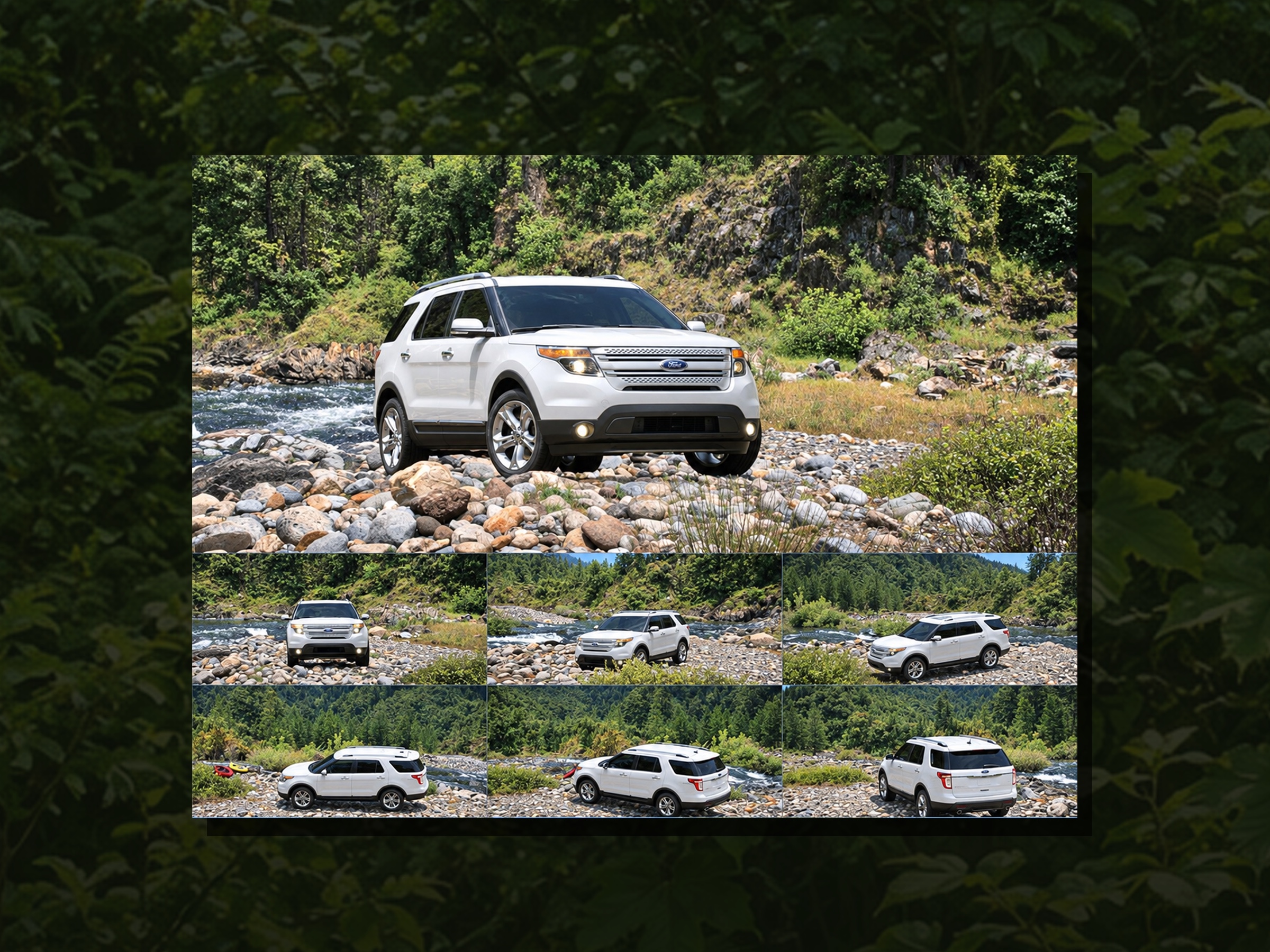Explorer photography gallery showing the white SUV from multiple angles beside a mountain river
