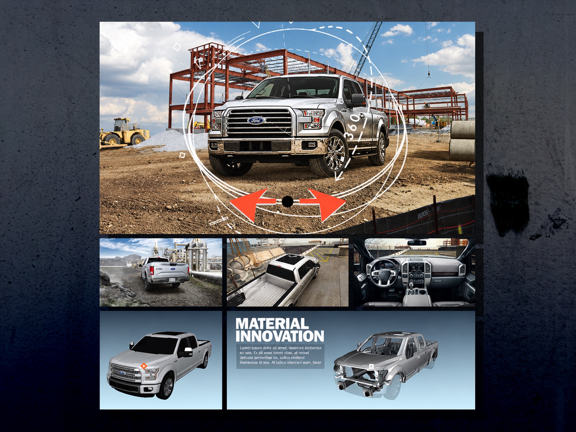 F-150 Innovations digital experience combining an interactive truck rotation, feature views, and structural CGI