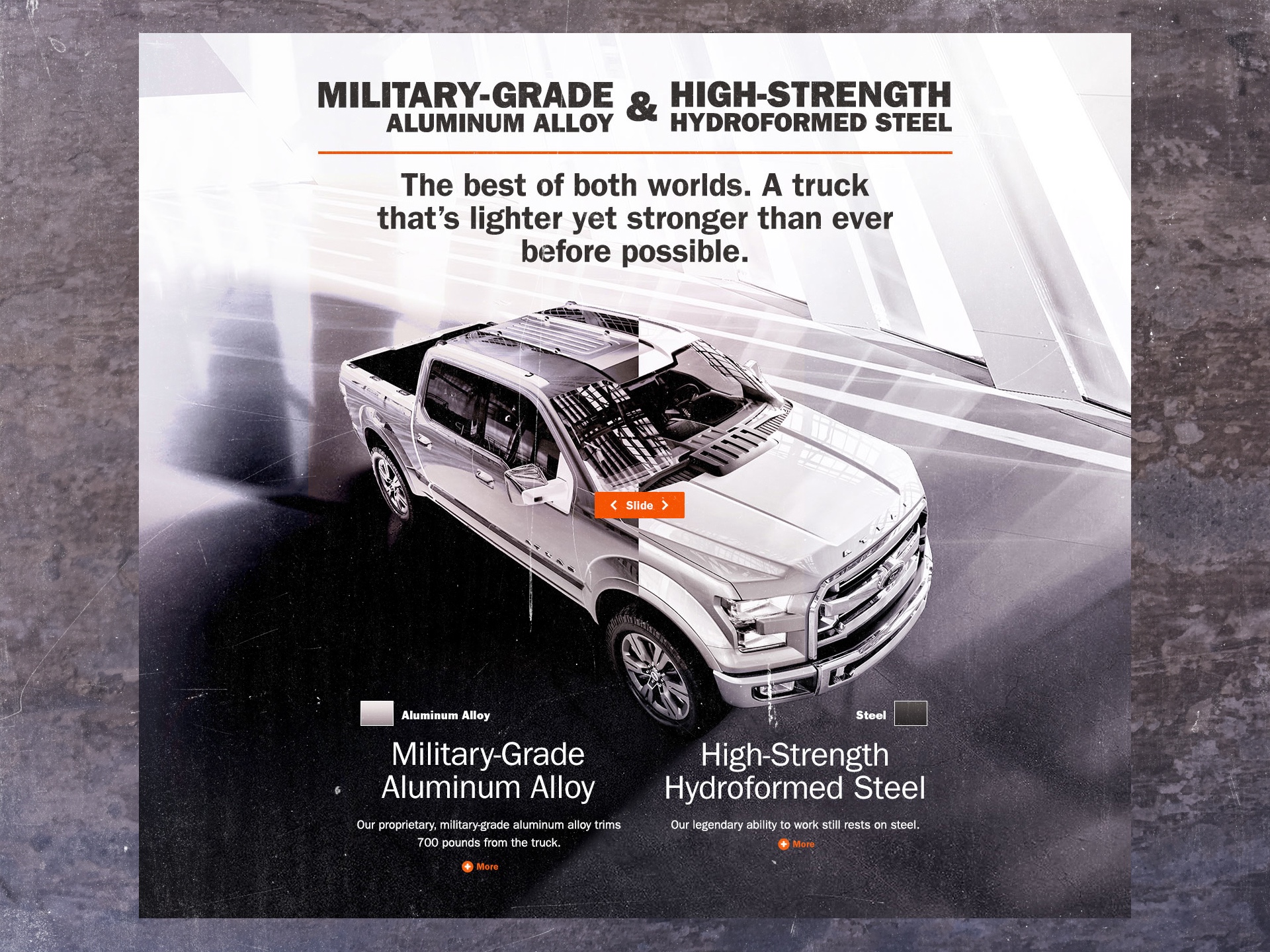 Interactive F-150 material story comparing military-grade aluminum alloy and high-strength steel