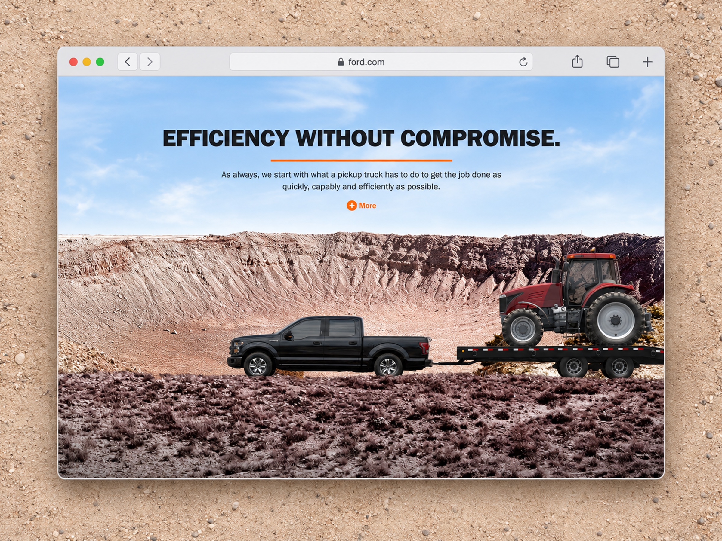 F-150 efficiency story showing a truck towing heavy equipment through a desert landscape