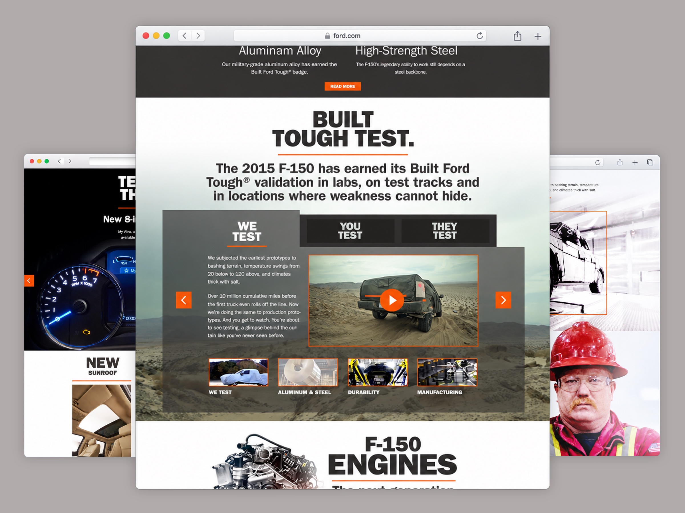 Layered views of the F-150 launch website covering testing, materials, engines, and manufacturing