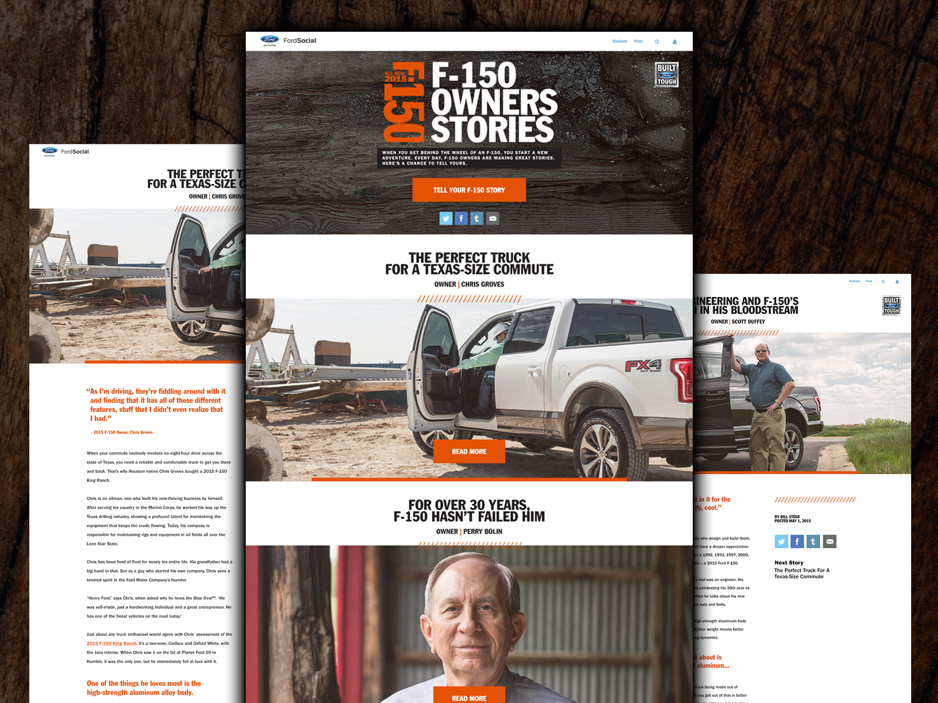 F-150 Owners Stories website shown across a landing page and individual editorial story layouts