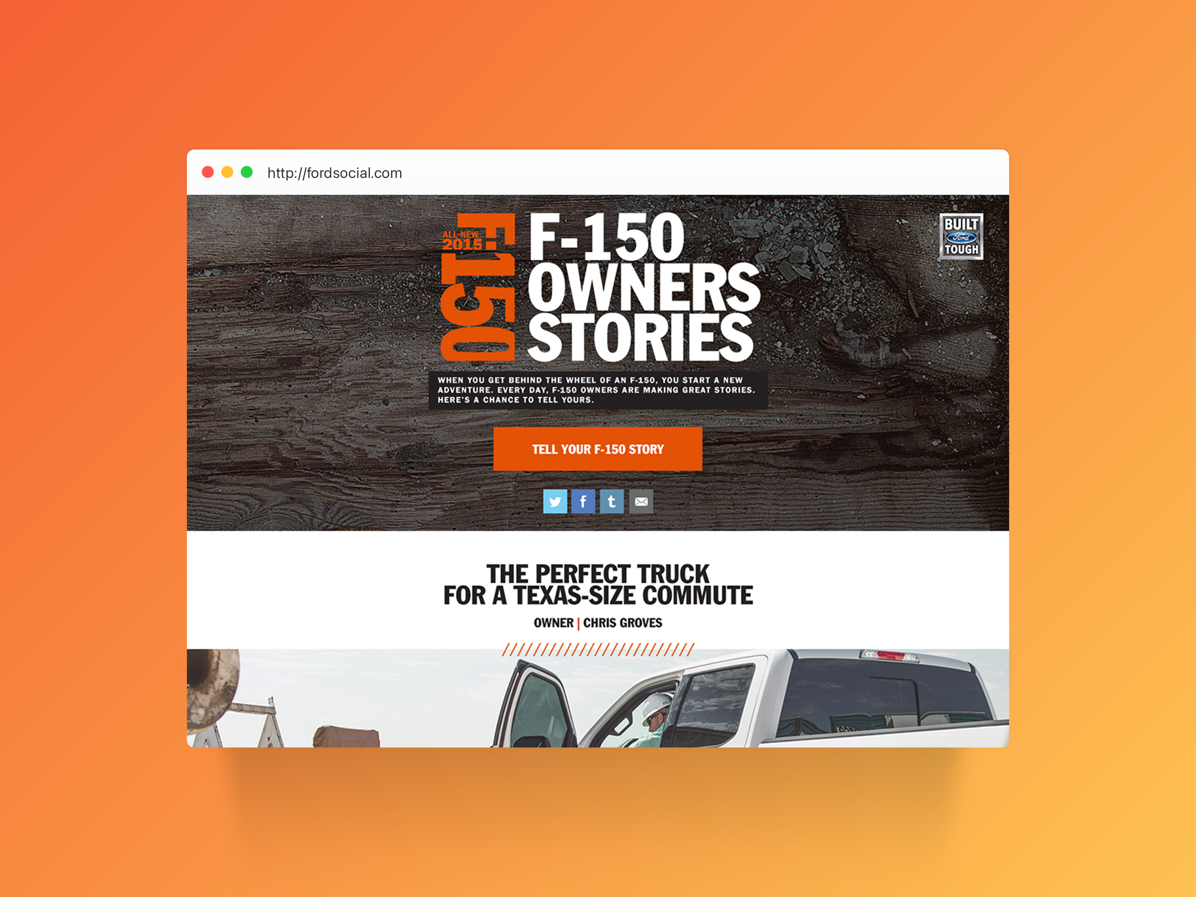Desktop view of the F-150 Owners Stories website inviting visitors to tell their story