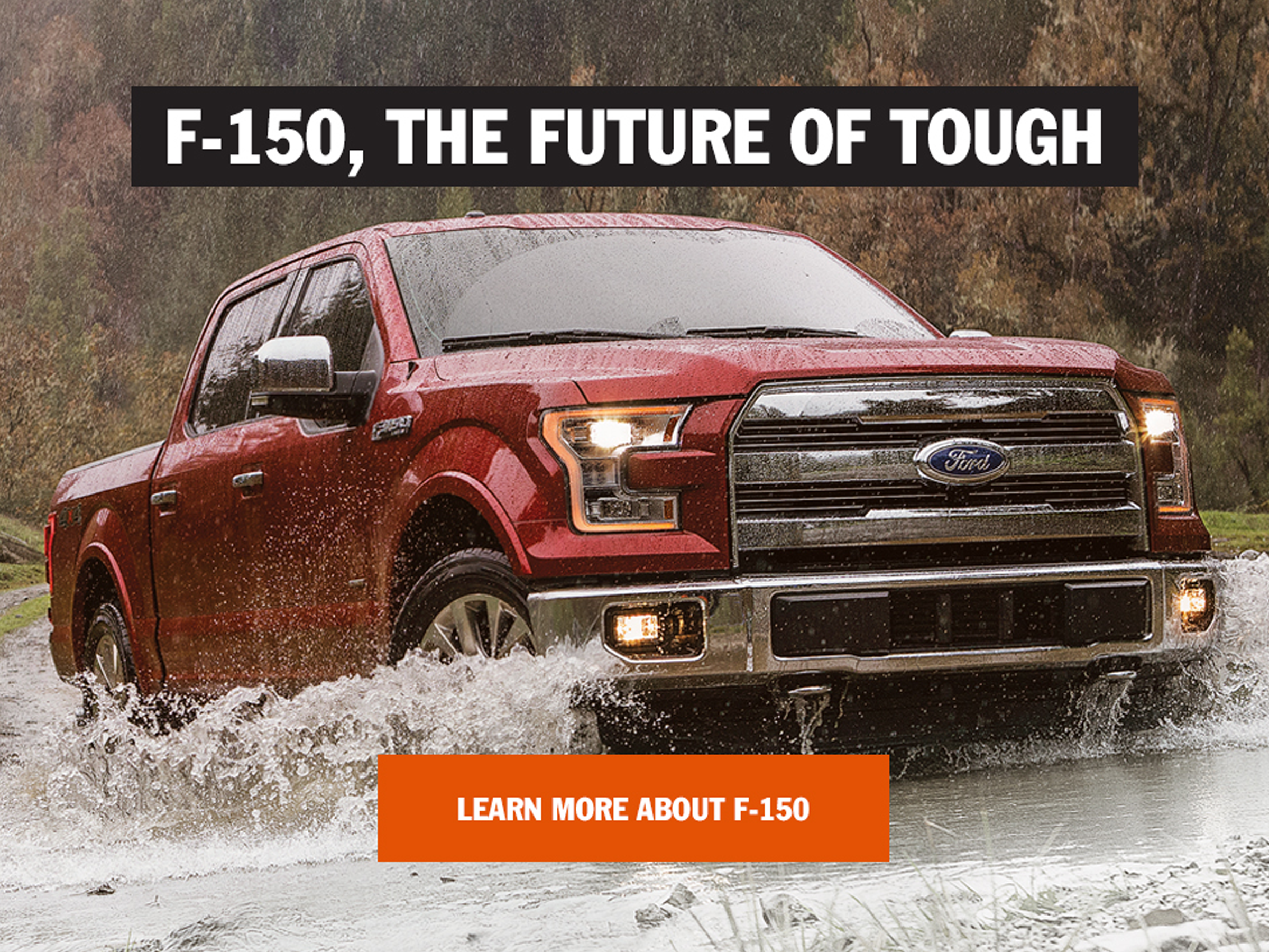 Red Ford F-150 driving through water beneath the Future of Tough campaign headline