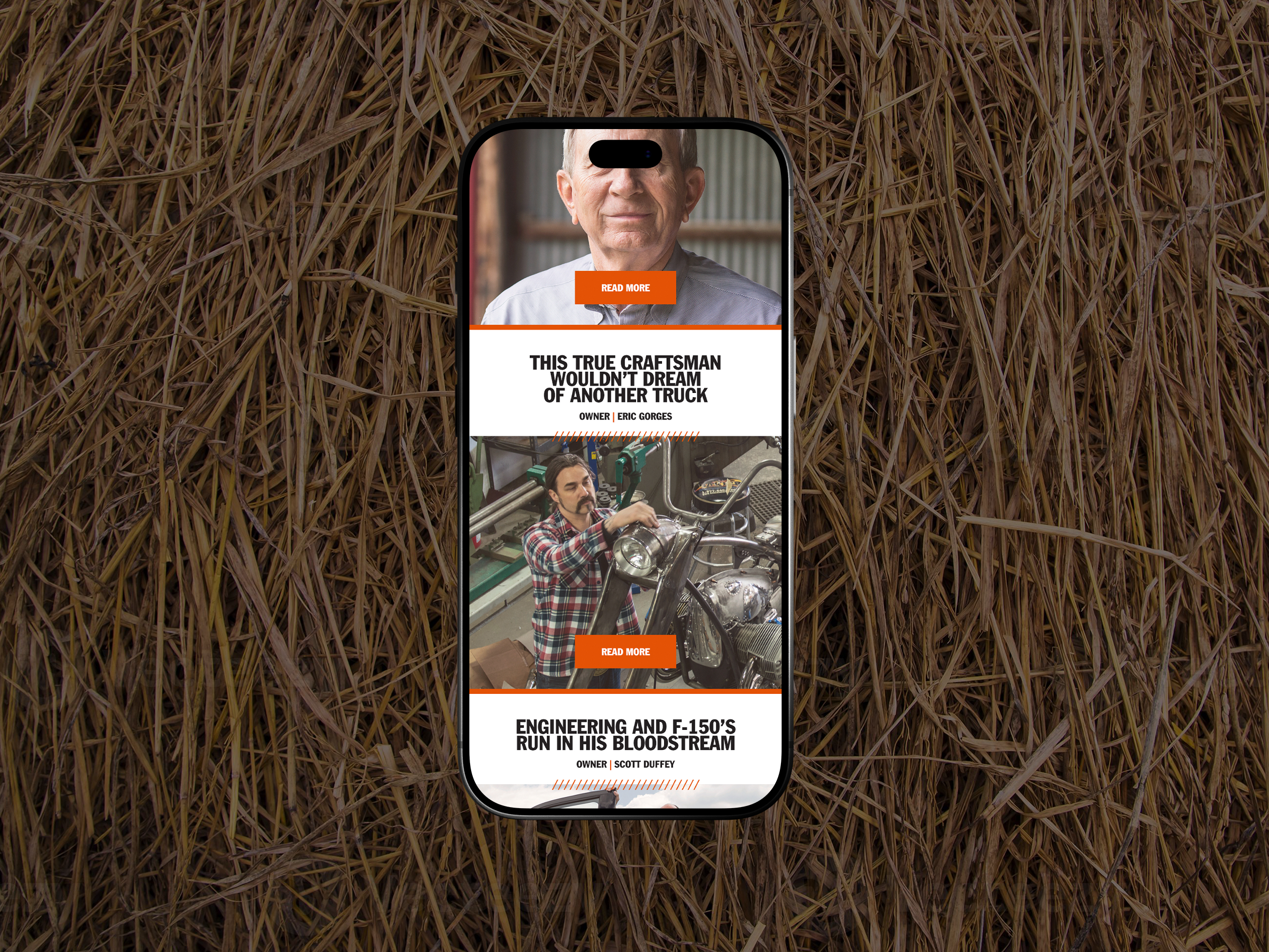 Mobile F-150 Owners Stories interface presenting owner profiles and photographs