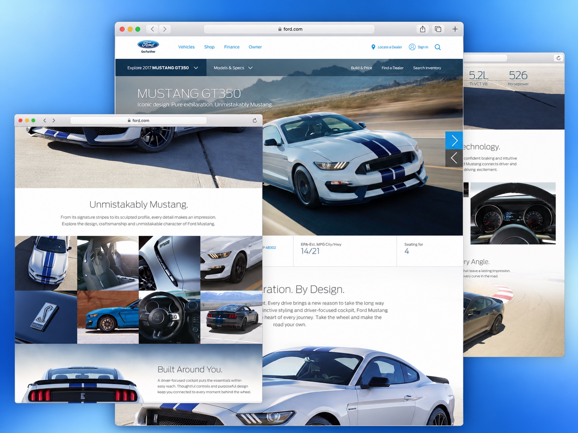 Layered views of the Mustang GT350 website showing driving photography, product details, and editorial layouts
