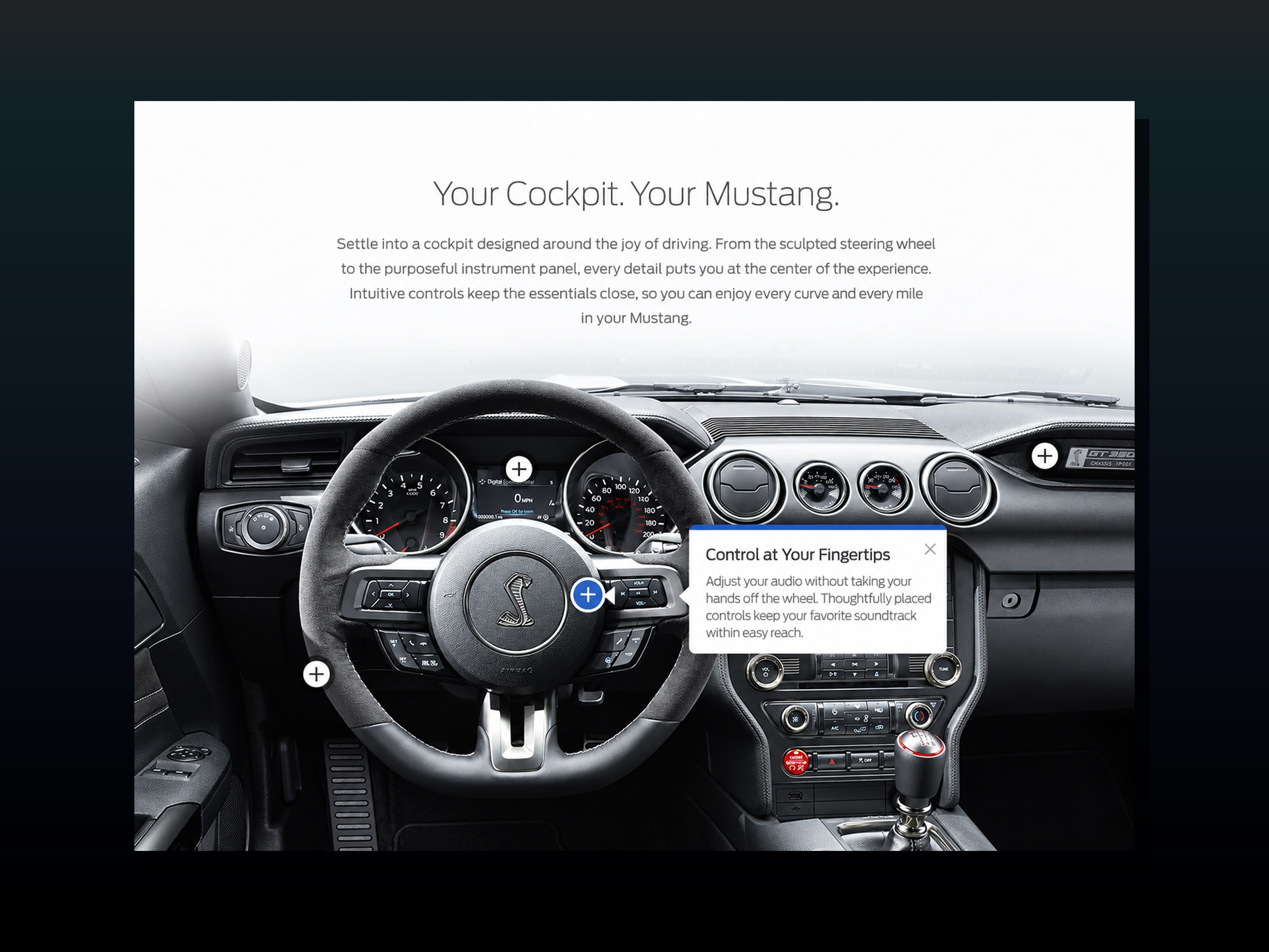 Interactive Mustang GT350 cockpit view with interior feature hotspots
