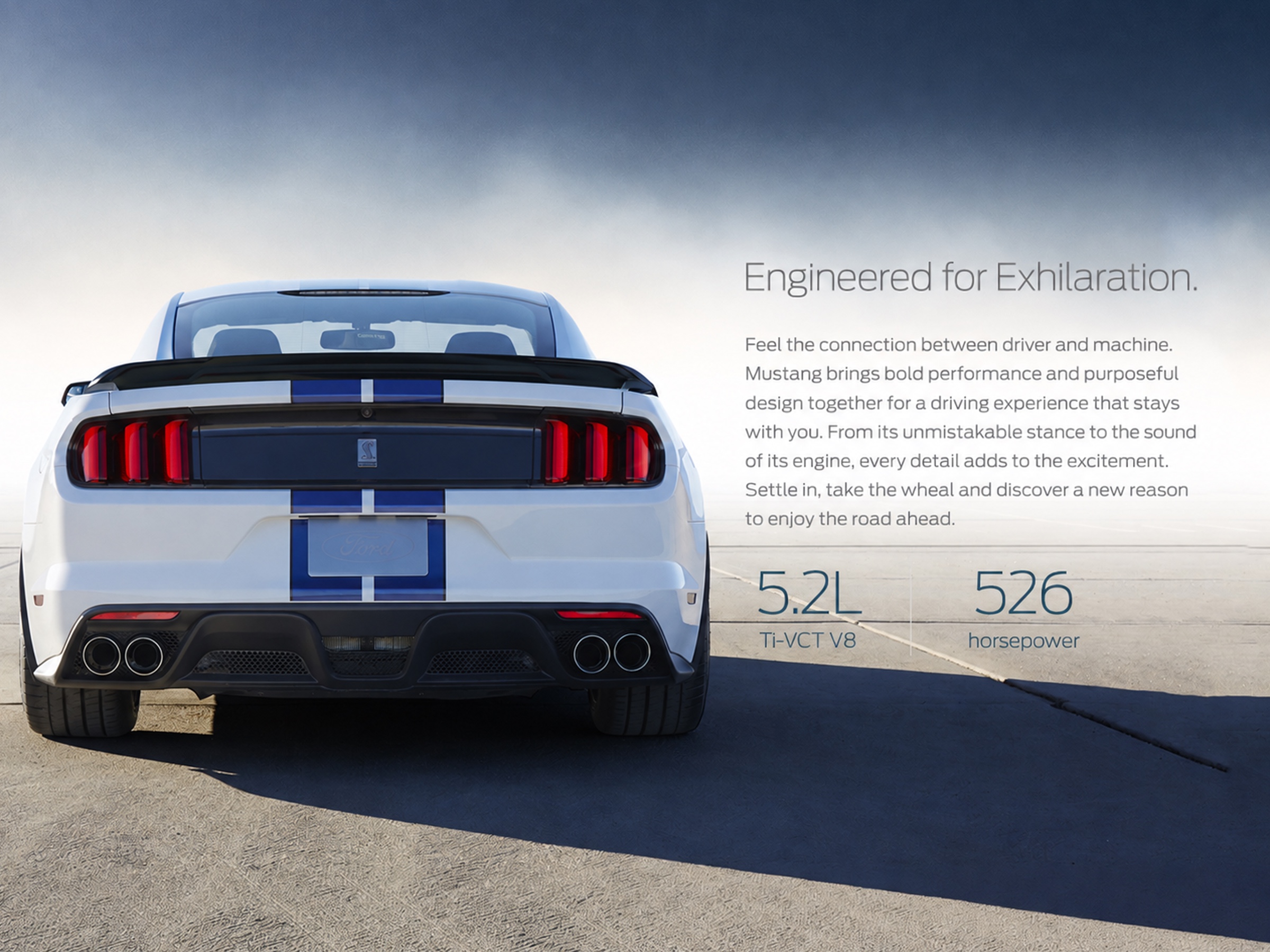 Mustang GT350 driver-focused cockpit presentation framed within the website design