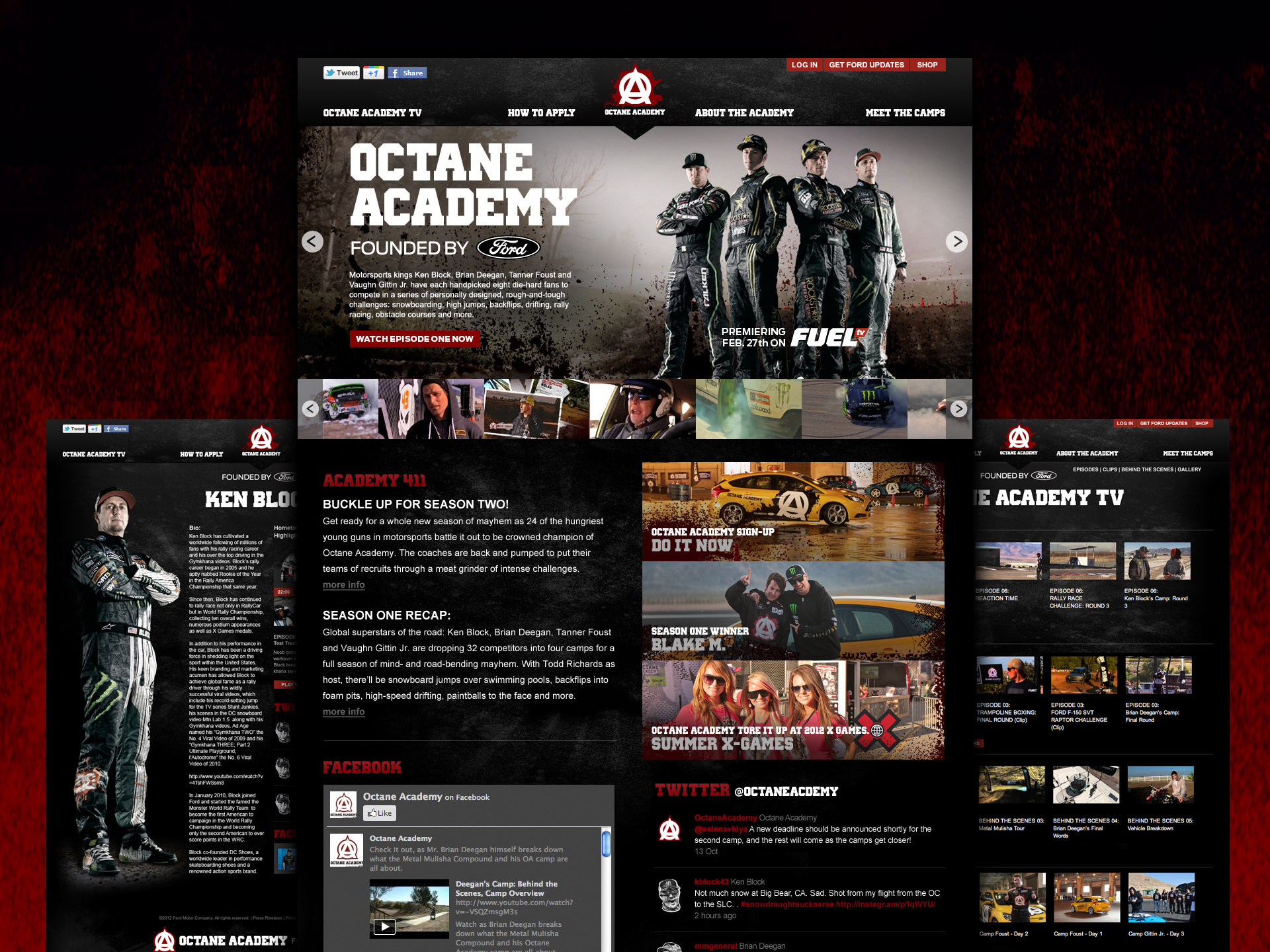 Octane Academy digital ecosystem showing the main website, driver profile, episodes, social feeds, and campaign updates