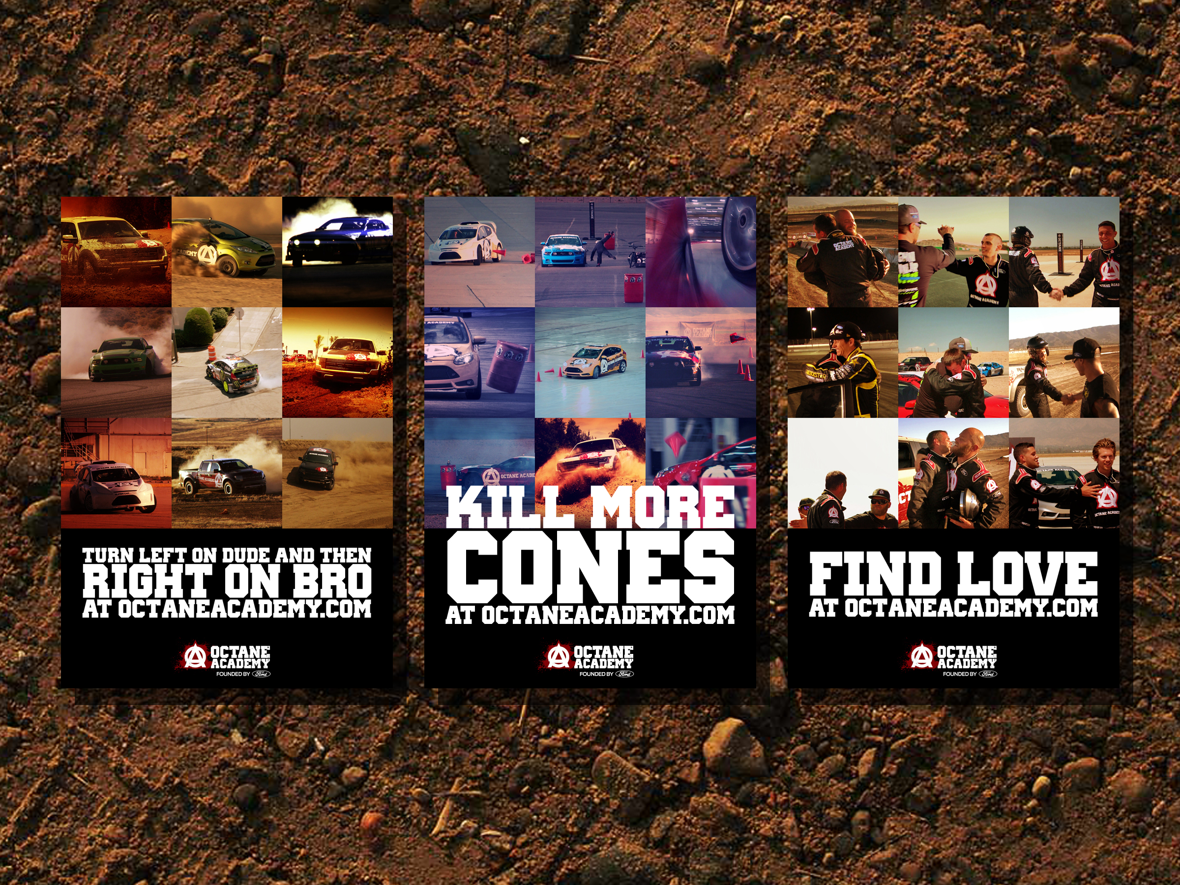 Three Octane Academy social campaign posters featuring cars, driving challenges, and competitors