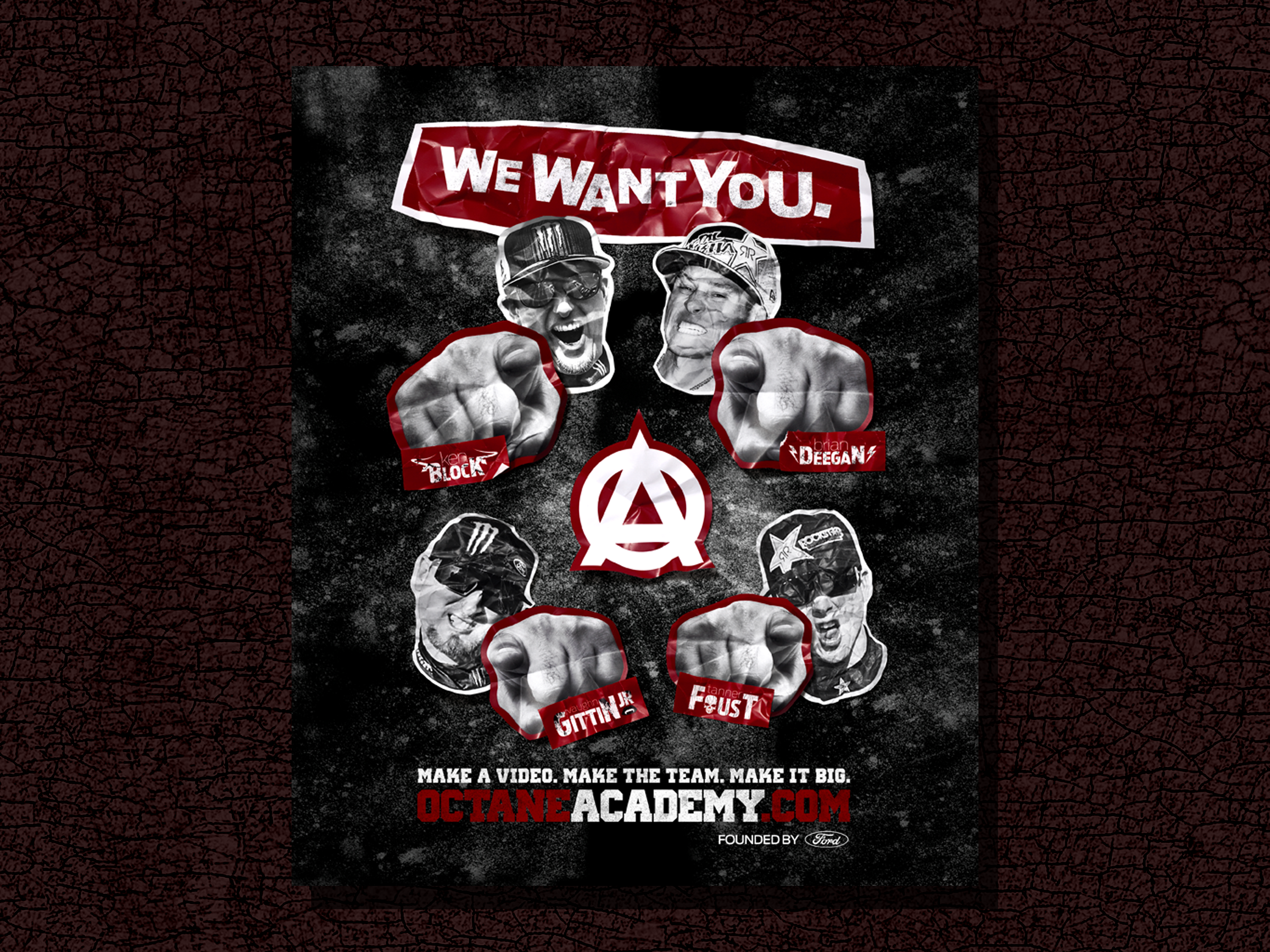 Octane Academy recruitment poster featuring Ken Block, Brian Deegan, Vaughn Gittin Jr., and Tanner Foust