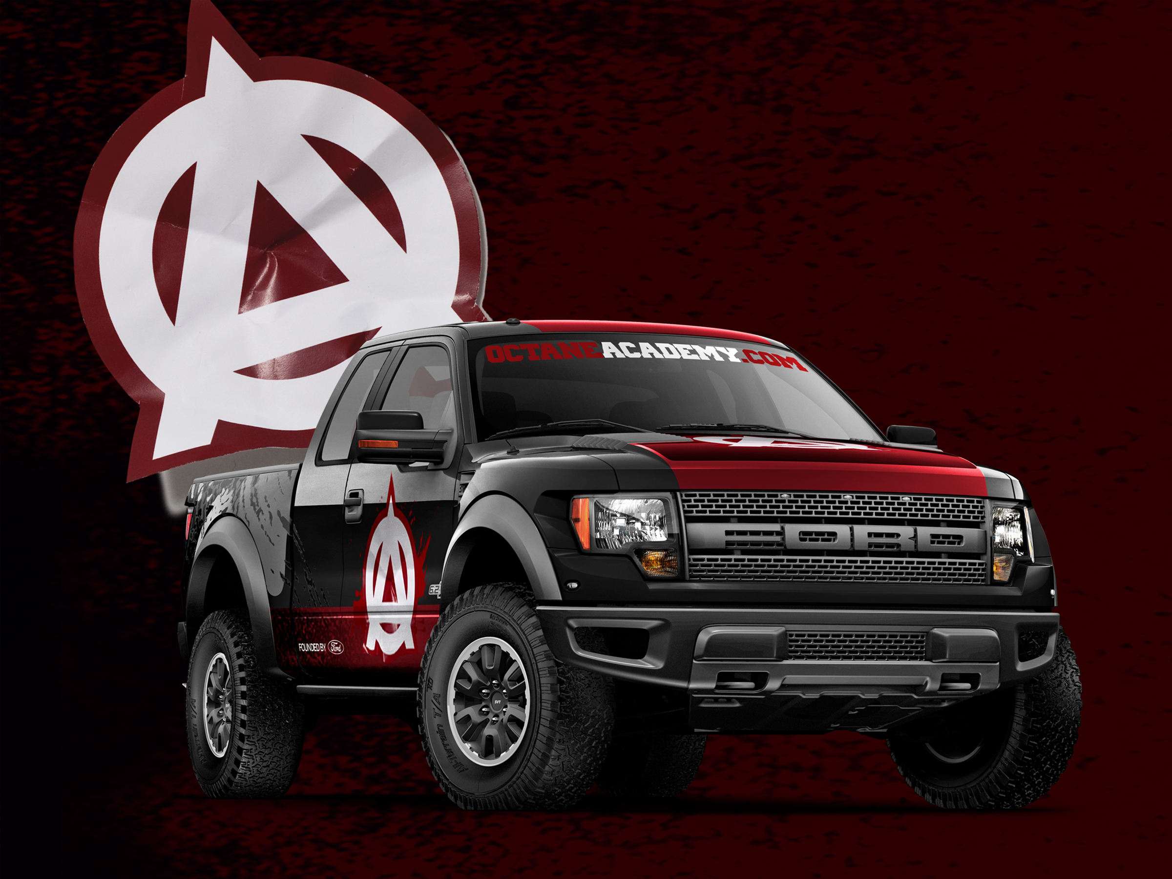 Black and red Ford F-150 Raptor with Octane Academy graphics
