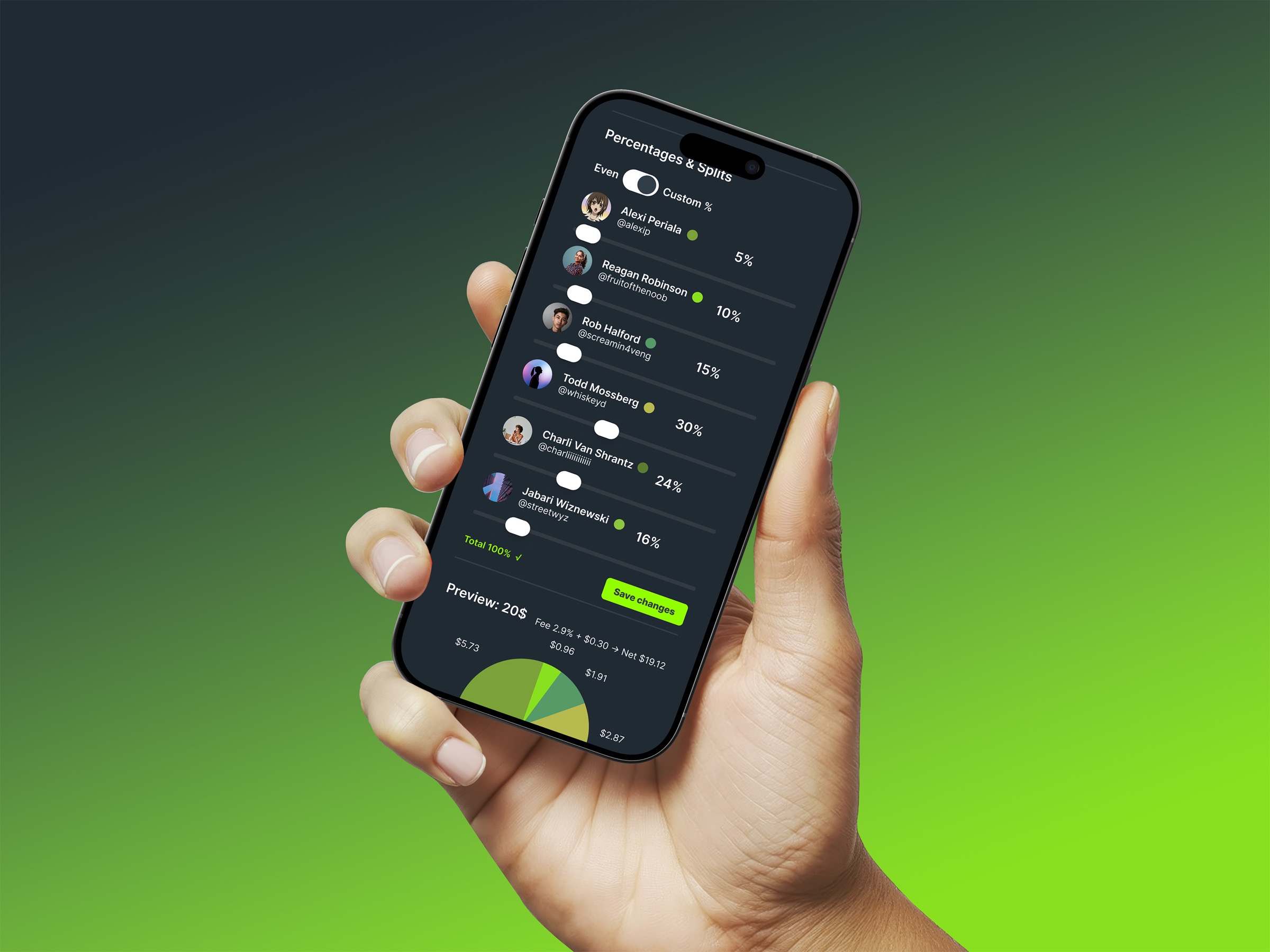 Roster payment-split interface displayed on a phone held against a green gradient