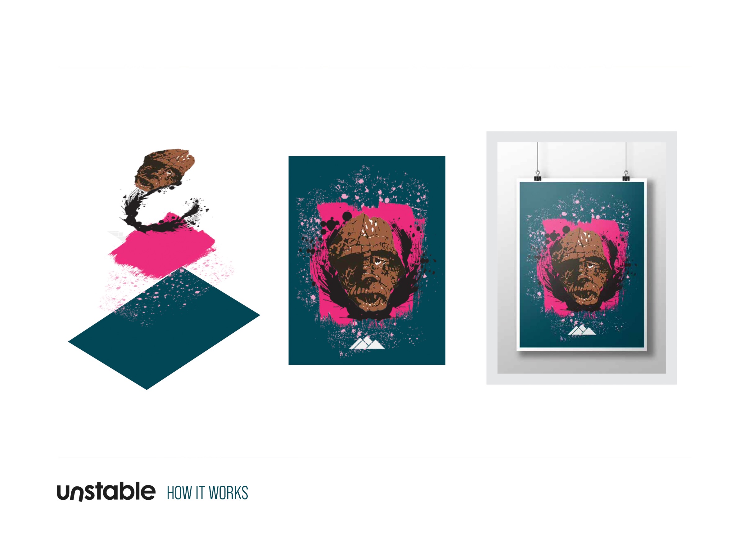 Unstable print artwork process and framed poster mockup on a white field