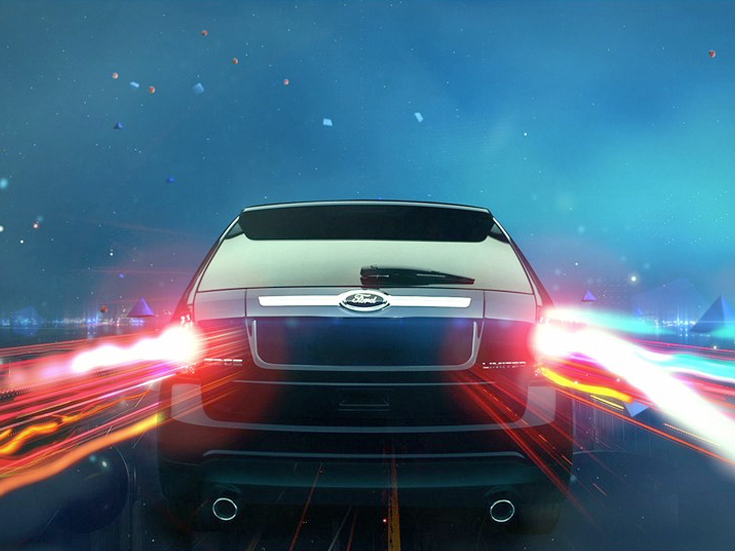 Rear view of a Ford vehicle with vivid light trails against a blue campaign backdrop