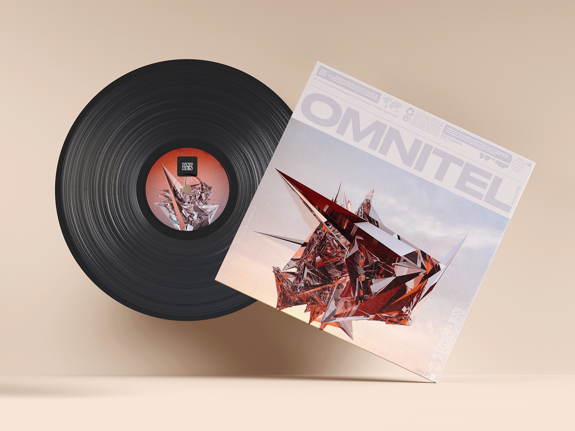 Low Res Omnitel vinyl record and sleeve mockup on a warm neutral background
