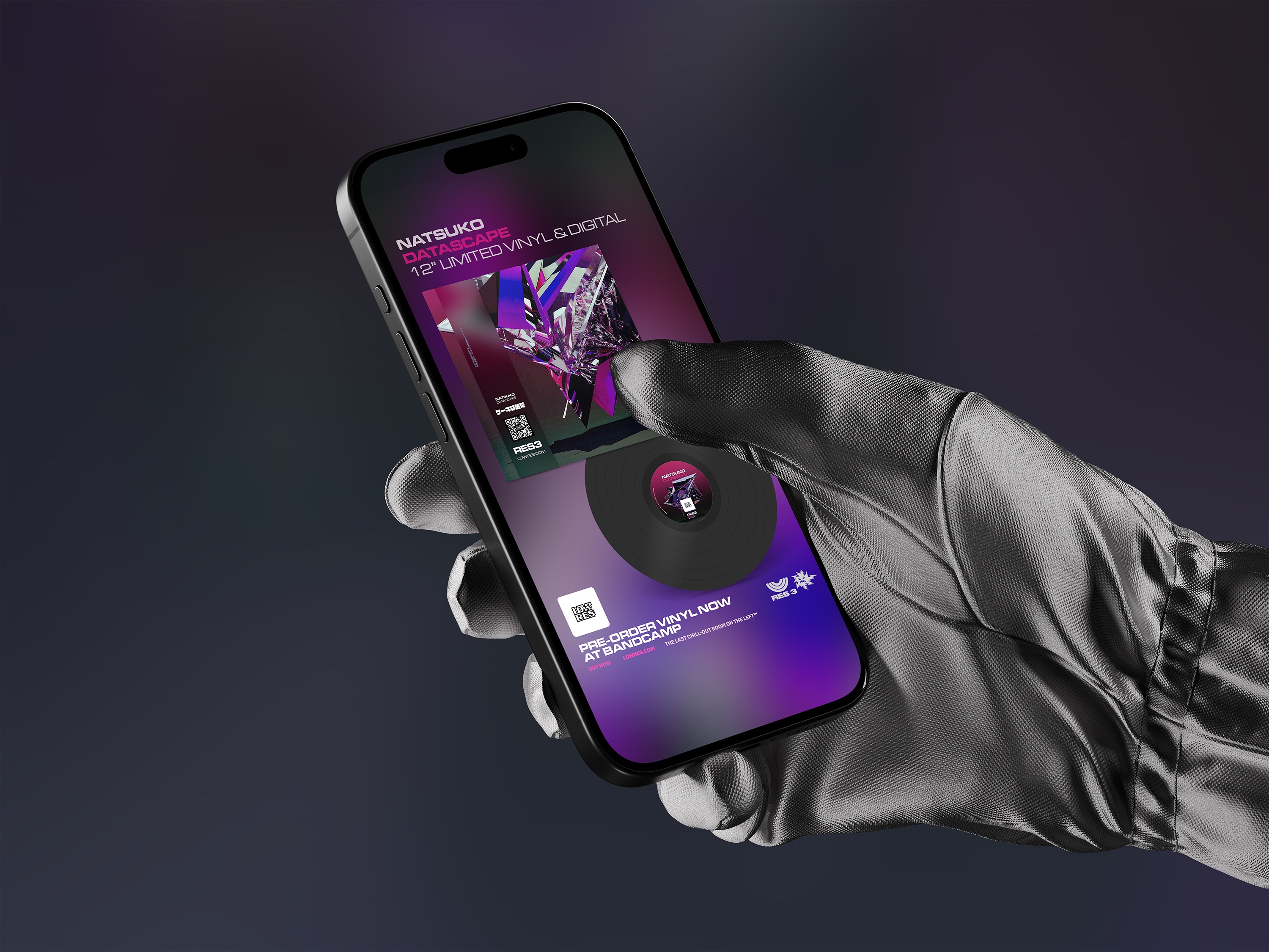 Gloved hand holding a phone with a Low Res vinyl preorder interface