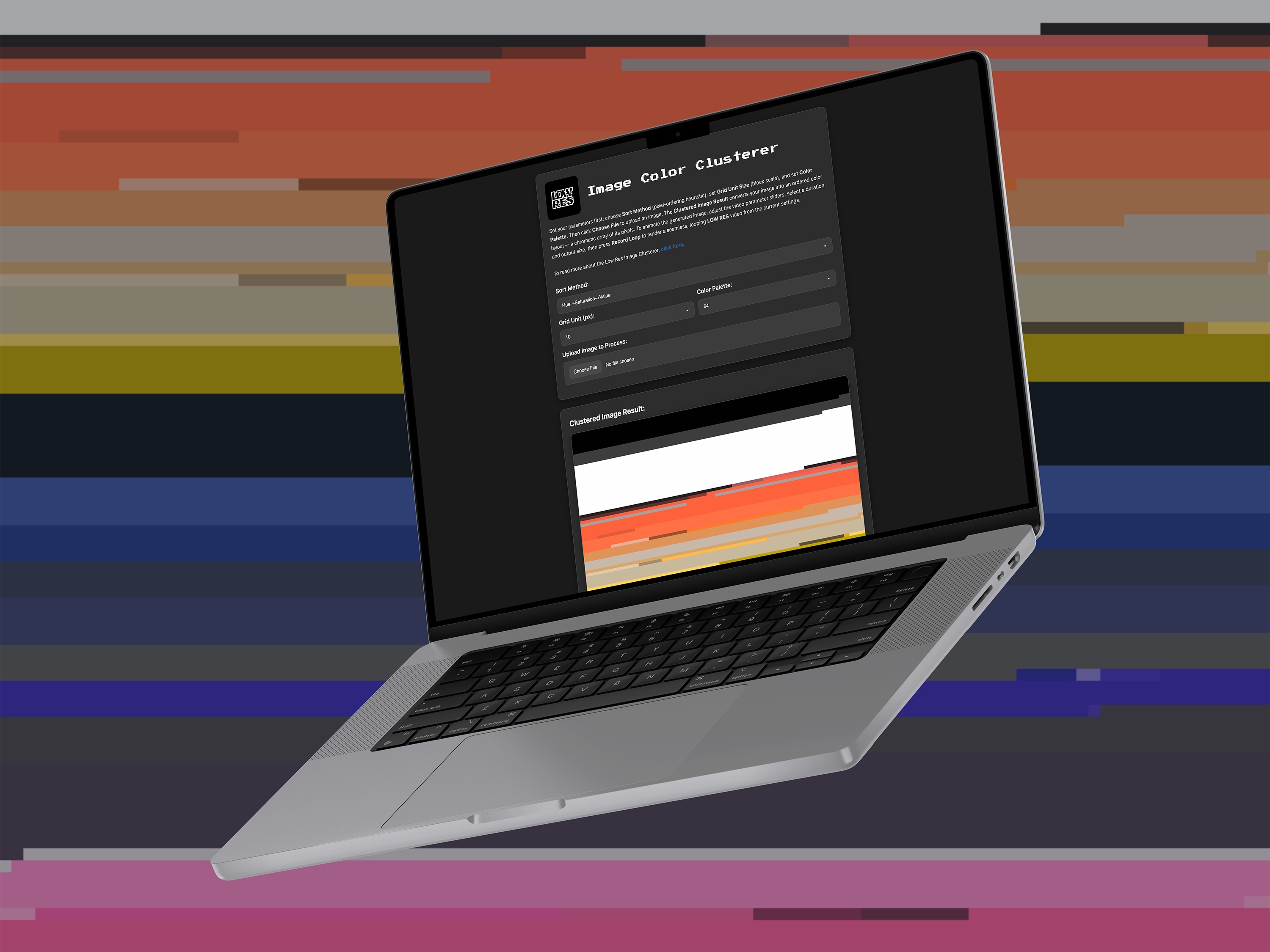 Laptop displaying a Low Res image color clustering interface over horizontal color bands