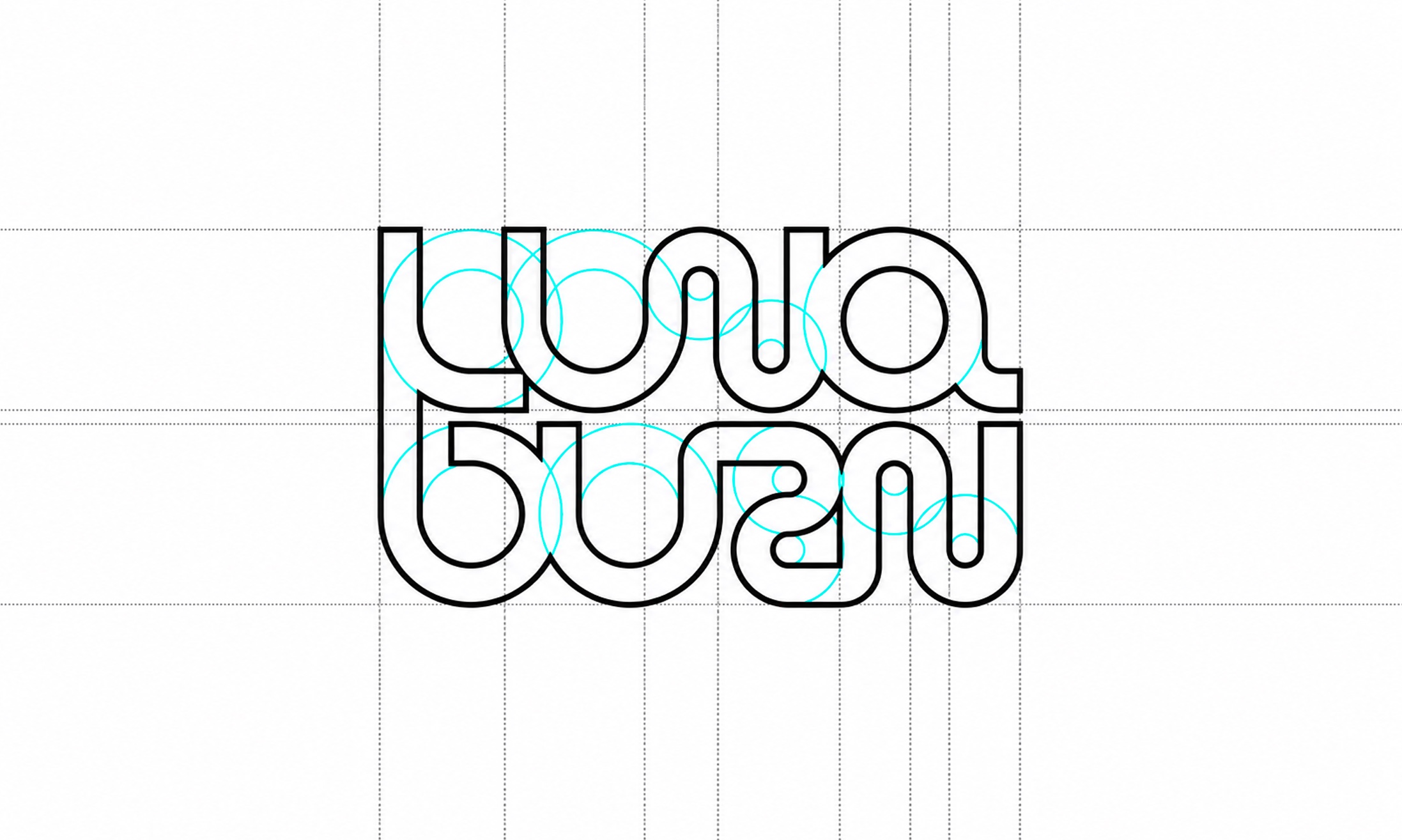Outlined ambigram logo construction study with circular guides on a dotted grid