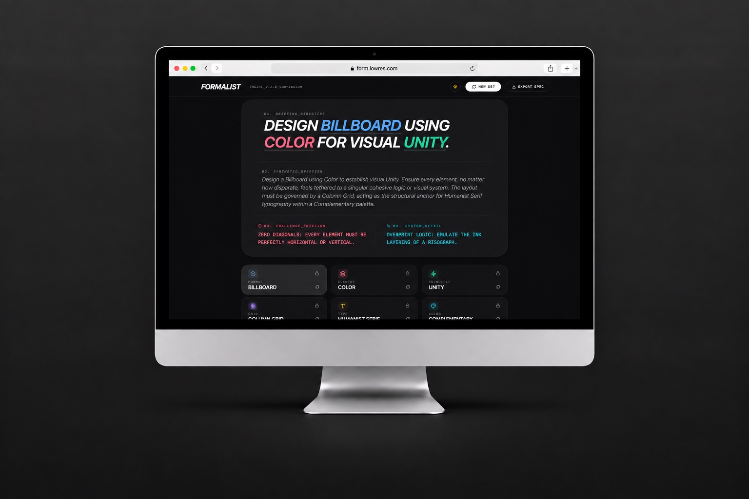 Formalist displaying a generated billboard design brief and adjustable design constraints.