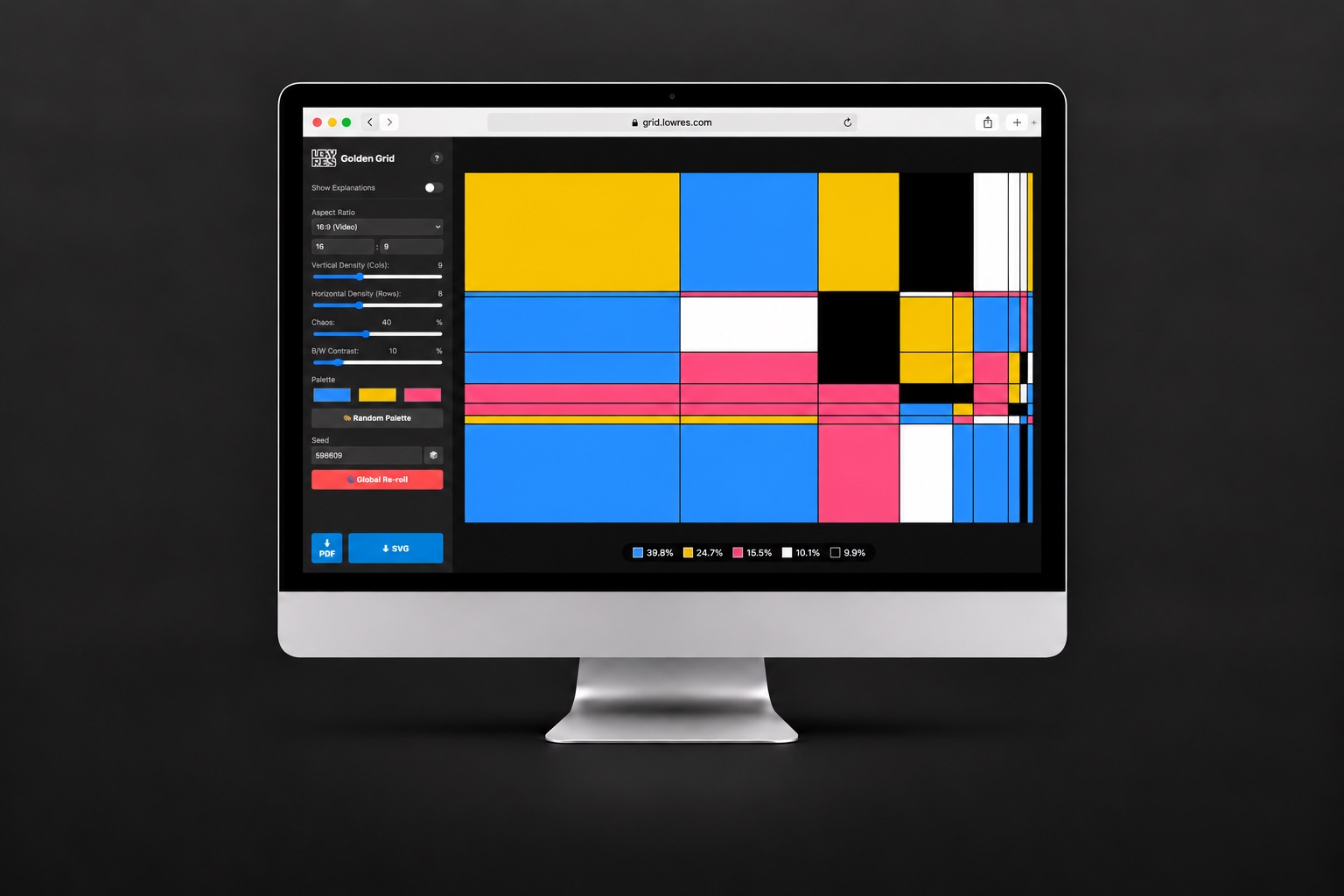 Golden Grid Generator showing a geometric composition in blue, yellow, pink, black, and white.
