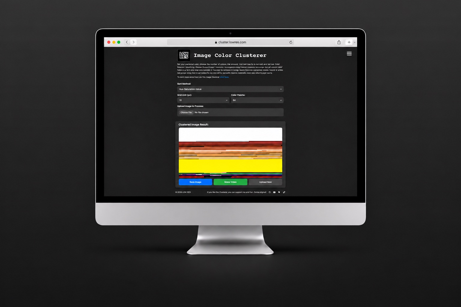 Image Color Clusterer showing an image rearranged into bands of color on a desktop display.