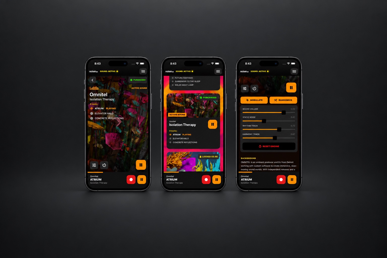 Three mobile views of NOISERzzz showing a sound library, track playback, and mixing controls.