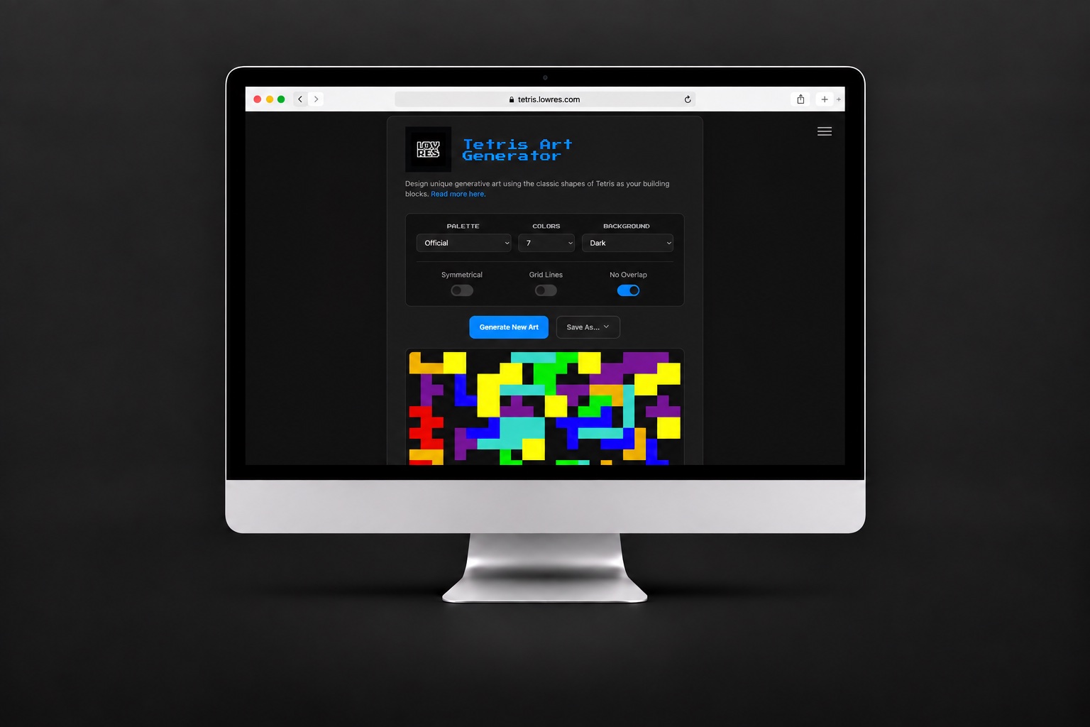 Tetris Art Generator with a colorful arrangement of interlocking blocks and palette controls.