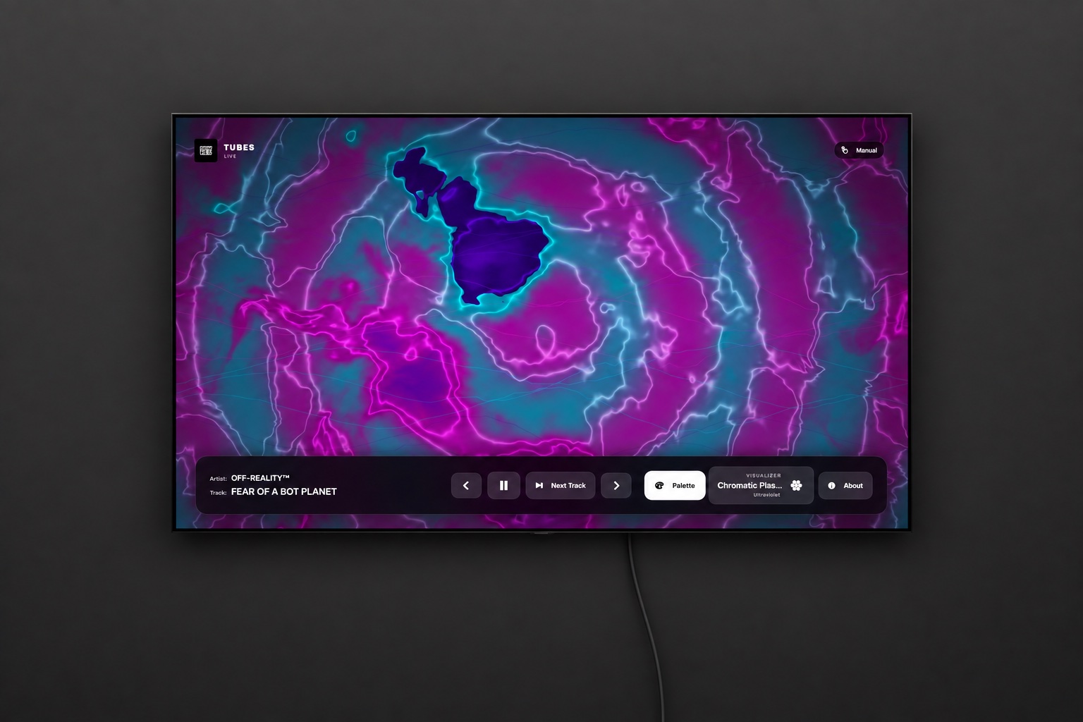 TUBES playing music alongside an abstract purple and cyan visualizer on a widescreen display.